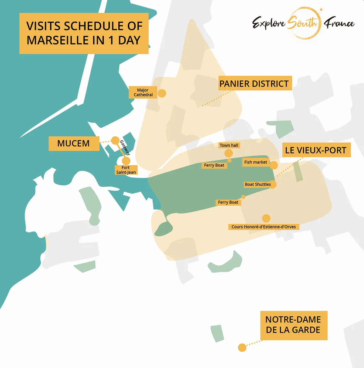 Map of points of interest for a visit of Marseille in 1 day