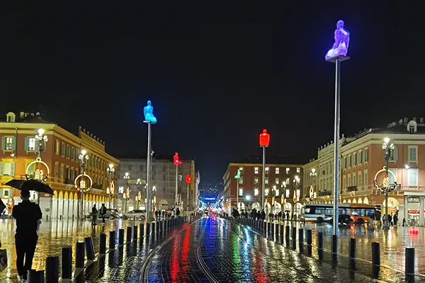 The illuminated statues on Place Massena in Nice